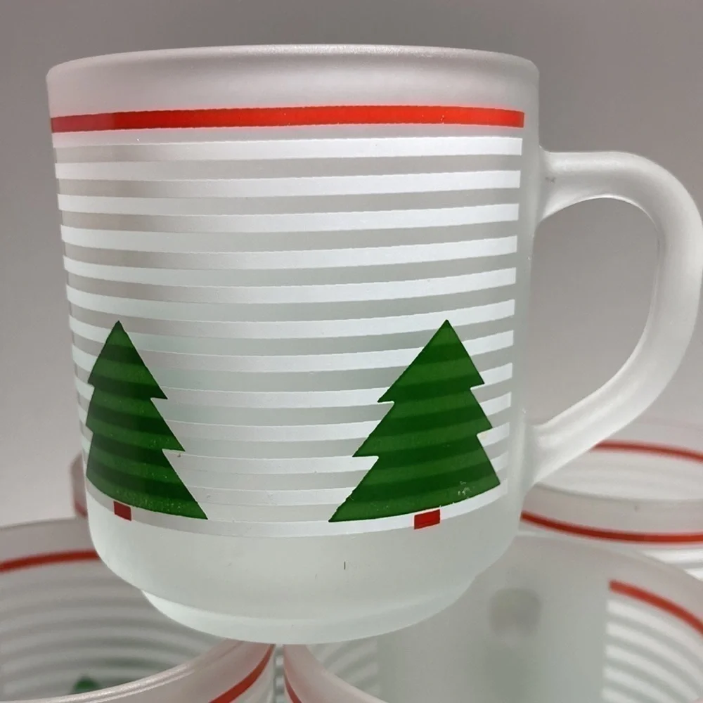 Christmas Tree Frosted Striped Mugs Luminarc Macy's Exclusive Set of 7 - Picture 2 of 5